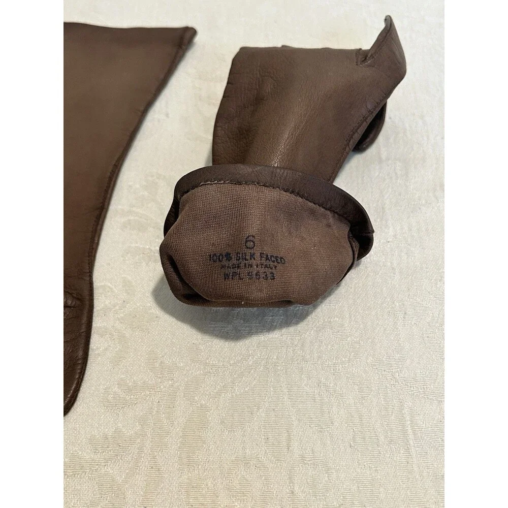 Vtg Mid-Century Women's Brown Leather Dress Gloves Sz 6 Silk Lined Italy WPL9823
